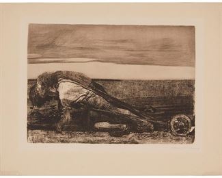 49
Kathe Kollwitz
1867-1945
"Die Pfluger (The Plowman)," From "Bauernkrieg Series (Peasants' War)," 1906
Etching, drypoint, and soft ground in brown ink on laid paper
From the edition of unknown size
Signed in pencil in the lower right margin: Kathe Kollwitz
Plate: 12.5" H x 18" W; Sheet: 17.5" H x 24" W
Estimate: $2,000 - $4,000