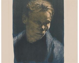 50
Kathe Kollwitz
1867-1945
"Brustbild Einer Arbeiterfrau Mit Blauem Tuchor (Working Woman With Blue Shawl)," 1903
Lithograph in colors on thick wove paper
From the edition of unknown size
Signed in pencil in the lower margin, at right: Kathe Kollwitz
Image: 13.875" H x 9.5" W; Sheet: 19.25" H x 14.375" W
Estimate: $3,000 - $5,000