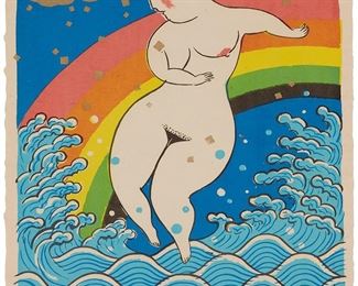 55
Mayumi Oda
b. 1941
"Rainbow" From "Goddesses," 1976
Woodcut in colors on handmade paper
Edition: 56/75
Signed, dated, and numbered in pencil in the lower margin: Mayumi Oda
Image: 29.75" H x 22.75" W
Estimate: $1,500 - $2,500
