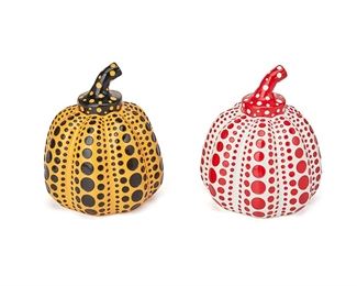 56
Yayoi Kusama
b. 1929
"Pumpkin" (Yellow); And "Pumpkin" (Red), 2016
Each painted lacquer resin
Each marked on bottom: © Yayoi Kusama
2 pieces
Each: 4" H x 3.25" Dia.
Estimate: $800 - $1,200
