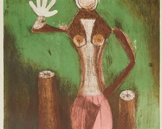 66
Rufino Tamayo
1899-1991
"Femme En Mauve," From "Mujer En Lila" [Woman In Lilac] ," 1969
Lithograph in colors on BFK Rives paper
Edition: 91/150
Signed and numbered in pencil in the lower margin: R. Tamayo; Touchstone Publishers, New York, NY, pub.
Image: 27" H x 20.75" W; Sheet: 30" H x 22.5" W
Estimate: $1,500 - $2,500