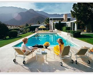 89
Slim Aarons
1916-2006
"Poolside Gossip," 1970
C-print on paper
Edition: 56/150
With the embossed estate-stamped signature and numbered in ink in the lower margin; with the Getty Images Archive blindstamp in the lower margin, at right; Getty Images Gallery, Los Angles, CA, pub.
Image: 38" H x 56.375" W; Sheet: 40" H x 60" W
Estimate: $8,000 - $12,000