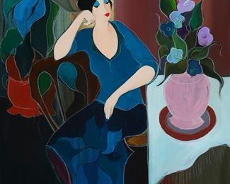 104
Itzchak Tarkay
1935-2012
Contemplative Female
Acrylic on canvas
Signed lower right: Tarkay
28" H x 23" W
Estimate: $2,000 - $4,000