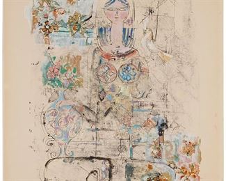 114
Abbas Moayeri
1939-2020
Abstract Seated Figure
Ink, gouache, and gold on paper
Signed, dated, and inscribed in ink lower left: Abbas Moayeri / Paris
Image: 21.5" H x 15.25" W; Sheet: 25.625" H x 19.75" W
Estimate: $1,000 - $2,000
