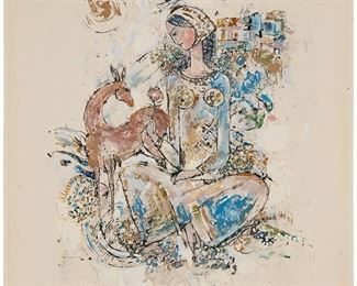 115
Abbas Moayeri
1939-2020
Woman With A Fawn, 1984
Ink, gouache, and gold on paper
Signed, dated, and inscribed lower right: Abbas Moayeri / Paris
Image: 20.5" H x 15.25" W; Sheet: 25.625" H x 19.75" W
Estimate: $1,000 - $2,000