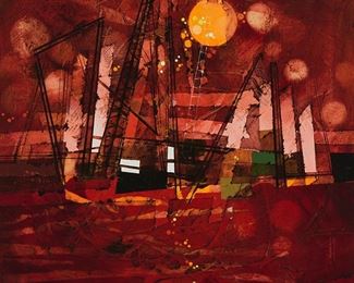 120
Yankel Ginzburg
b. 1945
"Haifa Harbor," 1971
Oil on canvas
Signed and dated lower right: Yankel Ginzburg; signed again and titled verso
24" H x 20" W
Estimate: $800 - $1,200