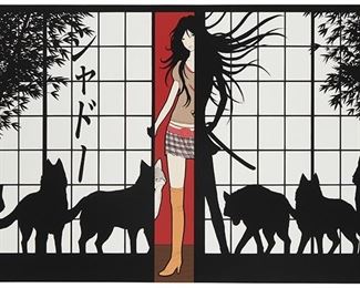 134
Yumiko Kayukawa
b. 1970
"Shadow," 2006
Acrylic and ink on canvas
Signed in Japanese and dated lower right; titled in pencil on the overlap of the canvas, verso
26" H x 48" W
Estimate: $800 - $1,200