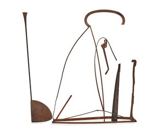 145
Circa 1990s-2000s
A Postmodern Steel Sculpture
Appears unsigned
Welded steel in two parts with embedded found objects
Element one: 84" H x 9.5" W x 16" L; Element two: 86.5" H x 13" W x 69" L
Estimate: $1,000 - $1,500