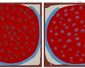 164
Mose Tolliver
1925-2006
A Pair Of Abstract Blue And Red Watermelons
Each: Acrylic on artist board
Each: Signed along the lower edge: Mose T
Each: 16" H x 17" W
Estimate: $1,000 - $2,000