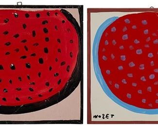 166
Mose Tolliver
1925-2006
A Pair Of Abstract Watermelons
Each: Acrylic on artist board
Each: Signed lower left: Mose T
Smallest: 15" H x 16.75" W; Largest: 16" H x 17" W
Estimate: $1,000 - $2,000