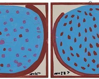 165
Mose Tolliver
1925-2006
A Pair Of Abstract Blue And Purple Watermelons
Each: Acrylic on artist board
Each: Signed along the lower edge: Mose T
Each: 16" H x 17" W
Estimate: $1,000 - $2,000