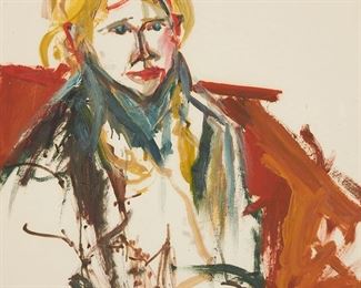 186
Style Of Joan Brown
1938-1990
Portrait Of A Woman
Acrylic on thick paper
Unsigned
Image/Sheet: 28" H x 22.125" W
Estimate: $800 - $1,200