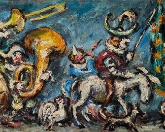 193
Dan Lutz
1906-1978
"Minstrel Band"
Oil on canvas
Signed lower right: Dan Lutz; titled on a gallery label affixed verso
17.75" H x 36" W
Estimate: $1,000 - $1,500