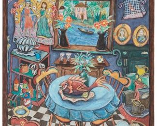 197
Damian Elwes
b. 1960
"At The Black Bass," 1990
Oil on canvas
Signed, titled, and dated verso: Damian Elwes
54" H x 50" W
Estimate: $3,000 - $5,000