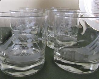 Etched ships whiskey glasses- a set of 6.