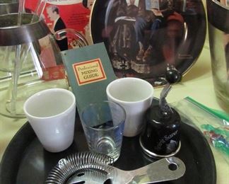 Bar ware, serving trays, measuring cups, mixing stirrers (vintage), glass ice buckets, 