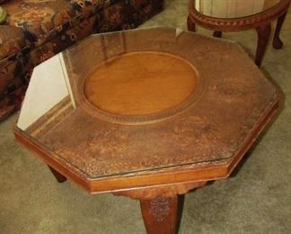 Beautiful carved wood tables with glass tops. Made in India. 