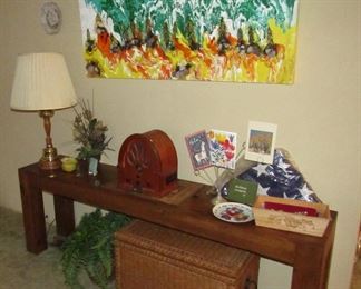 Wood entry table, woven rattan chest plus