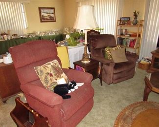 Lazy Boy recliner (recently upholstered), unique table between the recliners. 