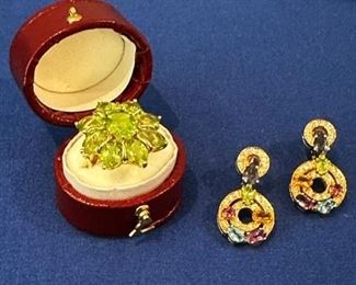 14kt peridot ring and 18kt. diamond and colored gem earrings
