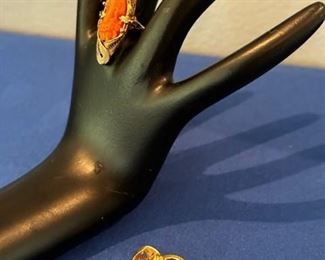 14kt coral ring and 14kt diamond and sapphire huggie earrings