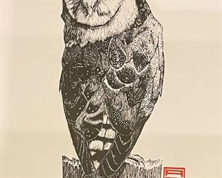 Andre O'Kelly, Original Owl Linographs, Untitled & Signed. Measures 18" x 24 " H. Photo 2 of 10.