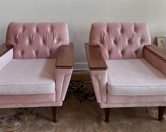 Pair of Blush Pink Velvet Upholstered Mid-Century Modern Club Chairs. Each Measures 31" W x 30" D. Photo 1 of 5.