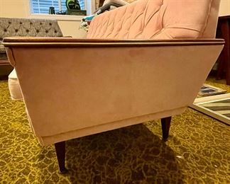Vintage Blush Pink Velvet Upholstered Mid-Century Modern Sofa. (SEE PREVIOUS PICTURE FOR TRUE COLOR. Measures 68.5" W x 34" D. Photo 2 of 4.