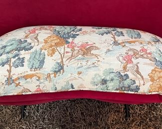 Vintage Mid-Century Modern Red Chenille Upholstered Bucket Settee With Reversible Cushion Upholstered in a Hunt Scene Toile. Measures 52" W x 25" D. Photo 3 of 3.