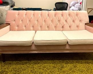 Vintage Blush Pink Velvet Upholstered Mid-Century Modern Sofa. (SEE PREVIOUS PICTURE FOR TRUE COLOR. Measures 68.5" W x 34" D. Photo 1 of 4.