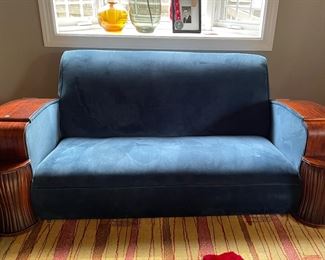 Vintage Art Deco Club Chair Upholstered in Blue Ultra-Suede Fabric. Purchased From Queens Street in Kensington. Measures 74" x 40." Photo 1 of 2.