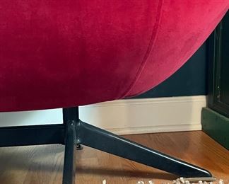 Vintage Mid-Century Modern Red Chenille Upholstered Bucket Settee With Reversible Cushion Upholstered in a Hunt Scene Toile. Measures 52" W x 25" D. Photo 2 of 3.