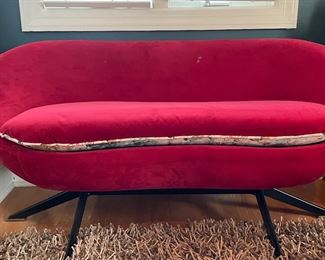 Vintage Mid-Century Modern Red Chenille Upholstered Bucket Settee With Reversible Cushion Upholstered in a Hunt Scene Toile. Measures 52" W x 25" D. Photo 1 of 3.