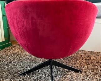 Pair of Vintage Mid-Century Modern Red Chenille Upholstered Bucket Swivel Chairs. Each Measures 29" W x 25 D. Photo 3 of 5.