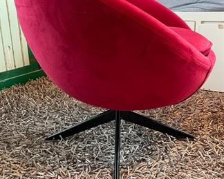 Pair of Vintage Mid-Century Modern Red Chenille Upholstered Bucket Swivel Chairs. Each Measures 29" W x 25 D. Photo 2 of 5.