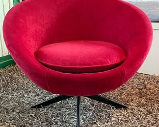 Pair of Vintage Mid-Century Modern Red Chenille Upholstered Bucket Swivel Chairs. Each Measures 29" W x 25 D. Photo 1 of 5.