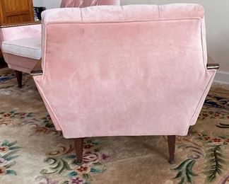 Pair of Blush Pink Velvet Upholstered Mid-Century Modern Club Chairs. Each Measures 31" W x 30" D. Photo 3 of 5.
