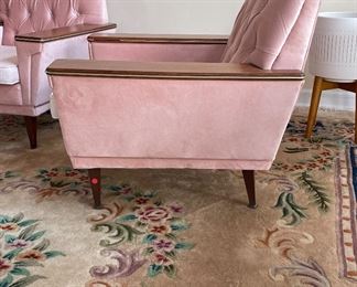 Pair of Blush Pink Velvet Upholstered Mid-Century Modern Club Chairs. Each Measures 31" W x 30" D. Photo 2 of 5.