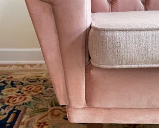 Pair of Blush Pink Velvet Upholstered Mid-Century Modern Club Chairs. Each Measures 31" W x 30" D. Photo 4 of 5.