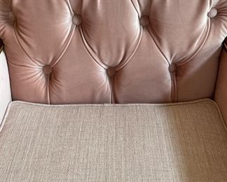 Pair of Blush Pink Velvet Upholstered Mid-Century Modern Sofa. (SEE PREVIOUS PICTURE FOR TRUE COLOR. Measures 68.5" W x 34" D. Photo 3 of 4.