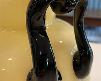 Frederick Carder for Steuben Urn with Ivorene Ovid Body and Applied Black Handles. Measures 8" D at Widest x 12" H. Photo 2 of 3.