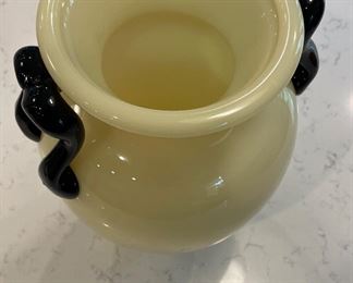 Frederick Carder for Steuben Urn with Ivorene Ovid Body and Applied Black Handles. Measures 8" D at Widest x 12" H. Photo 3 of 3.