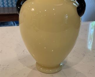 Frederick Carder for Steuben Urn with Ivorene Ovid Body and Applied Black Handles. Measures 8" D at Widest x 12" H. Photo 1 of 3.