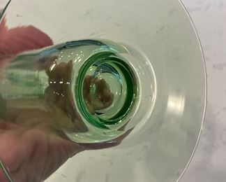 Pair of Light Green Etched Uranium Glass Candleholders Signed Hawkes. Measures 11" H. Photo 4 of 4.