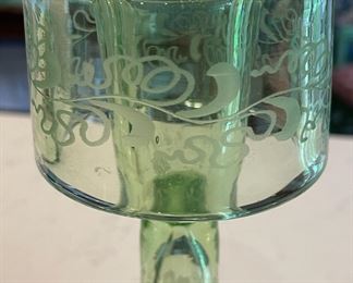 Pair of Light Green Etched Uranium Glass Candleholders Signed Hawkes. Measures 11" H. Photo 3 of 4.