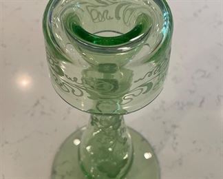 Pair of Light Green Etched Uranium Glass Candleholders Signed Hawkes. Measures 11" H. Photo 2 of 4.