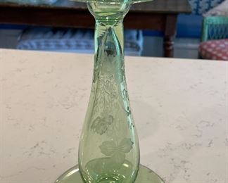 Pair of Light Green Etched Uranium Glass Candleholders Signed Hawkes. Measures 11" H. Photo 1 of 4.