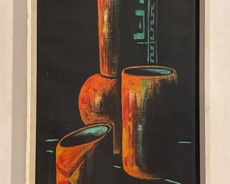 Mid-Century Oil on Canvas Art. signed Cayos. Measures 12" W x 24" H.