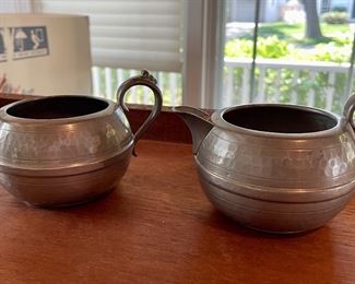 Hand Beaten Sheffield Pewter Sugar & Creamer Set. Photo 1 of 2.