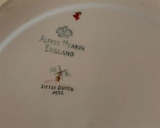 Alfred Meakin China - Little Dutch Mill China:
Dinner Plates -11, Salad Plates - 11, Fruit Bowls - 9
Vegetable Servers - 3, Casserole with Lid, Bowl
Saucers - 3, Dessert - 8. Photo 2 of 2.